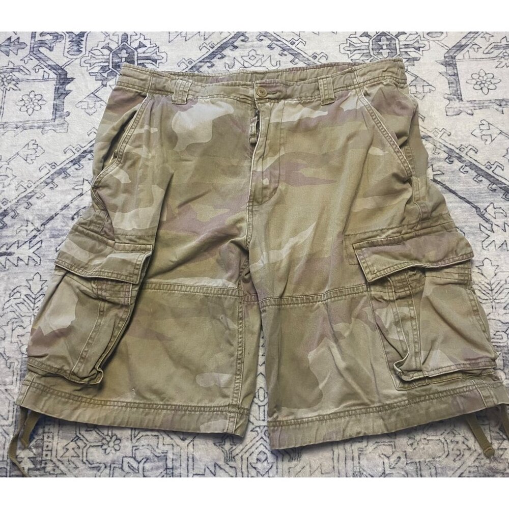 Vintage Mens Khaki Camo Cargo Shorts‎ Size 38 No Boundaries 100% Cotton Y2K
